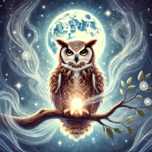 Horóscopos semanales con Animales de Poder – Animal de Poder espiritual y guía energética Ilustración espiritual de un búho místico como Animal de Poder. El búho está posado sobre una rama bajo la luz de la luna llena, con ojos brillantes y penetrantes que transmiten sabiduría y visión profunda. Rodeado de un aura mágica, simboliza la intuición, la claridad mental y la conexión con lo oculto.