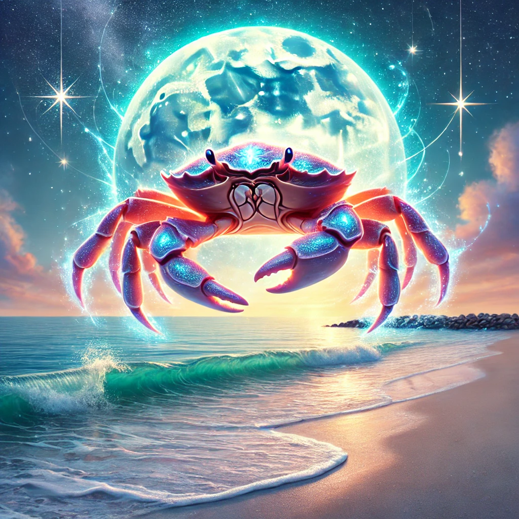 Horóscopos semanales con Animales de Poder – Animal de Poder espiritual y guía energética Ilustración espiritual de un cangrejo místico como Animal de Poder. El cangrejo camina por la orilla del mar bajo la luz de la luna llena, rodeado de un aura mágica. Sus pinzas brillan y su caparazón reflejan tonalidades suaves, simbolizando protección, resiliencia y conexión con las emociones profundas