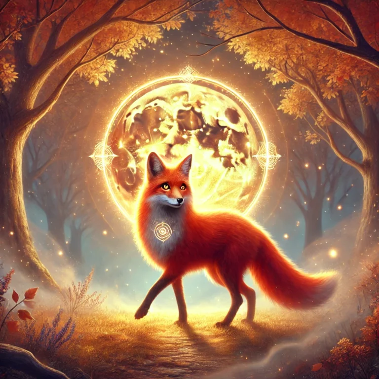Horóscopos semanales con Animales de Poder – Animal de Poder espiritual y guía energética Ilustración espiritual de un zorro místico como Animal de Poder. El zorro camina sigilosamente por un bosque iluminado por la luz de la luna, con ojos brillantes llenos de astucia y sabiduría. Su pelaje resplandece con destellos dorados, simbolizando inteligencia, adaptabilidad y creatividad.