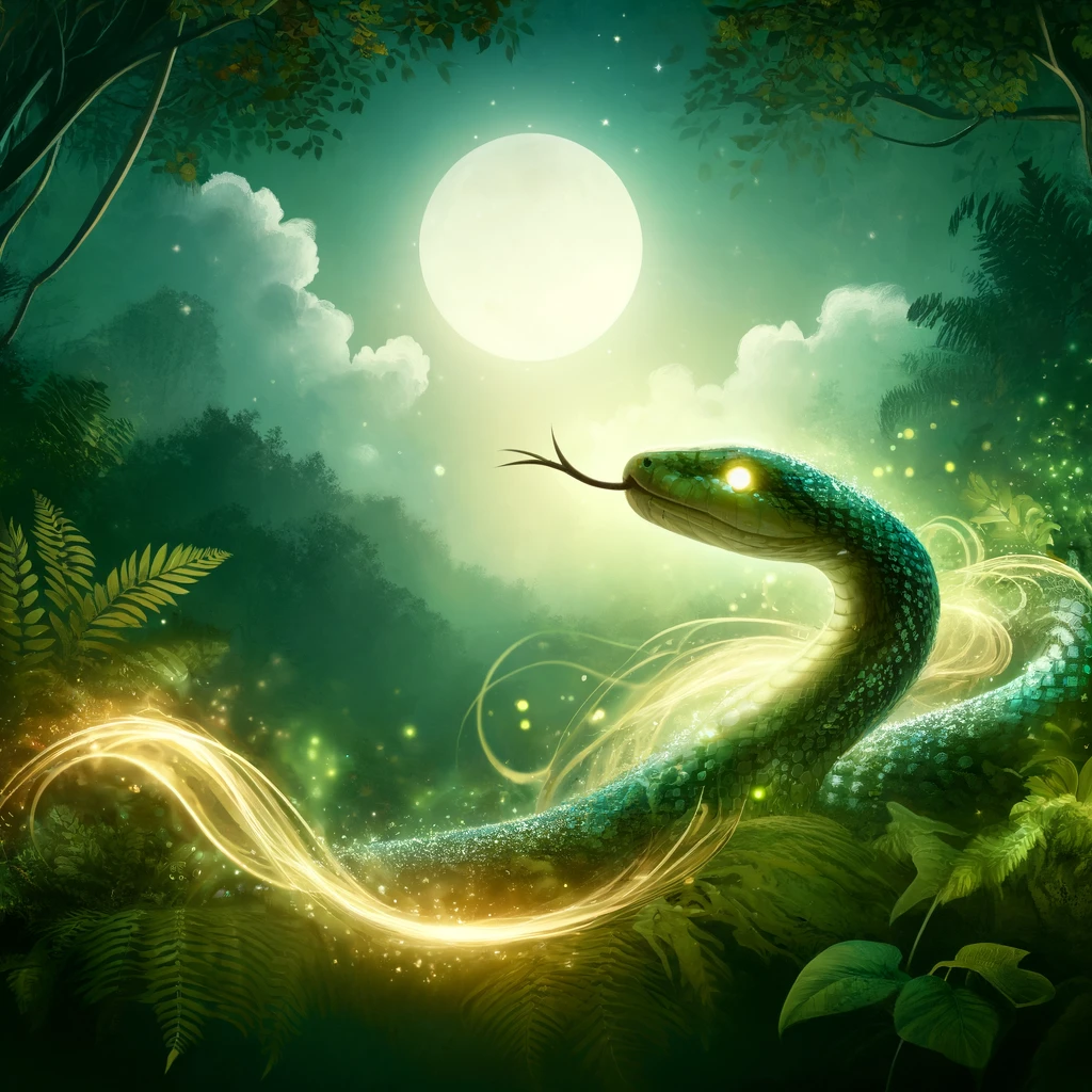 Horóscopos semanales con Animales de Poder – Animal de Poder espiritual y guía energética Ilustración espiritual de una serpiente mística como Animal de Poder. La serpiente se desliza entre hojas verdes y ramas iluminadas por la luz de la luna, con escalas brillantes que reflejan tonos dorados y verdes. Rodeada de un aura mágica, símbolo de transformación, sabiduría y renacimiento.