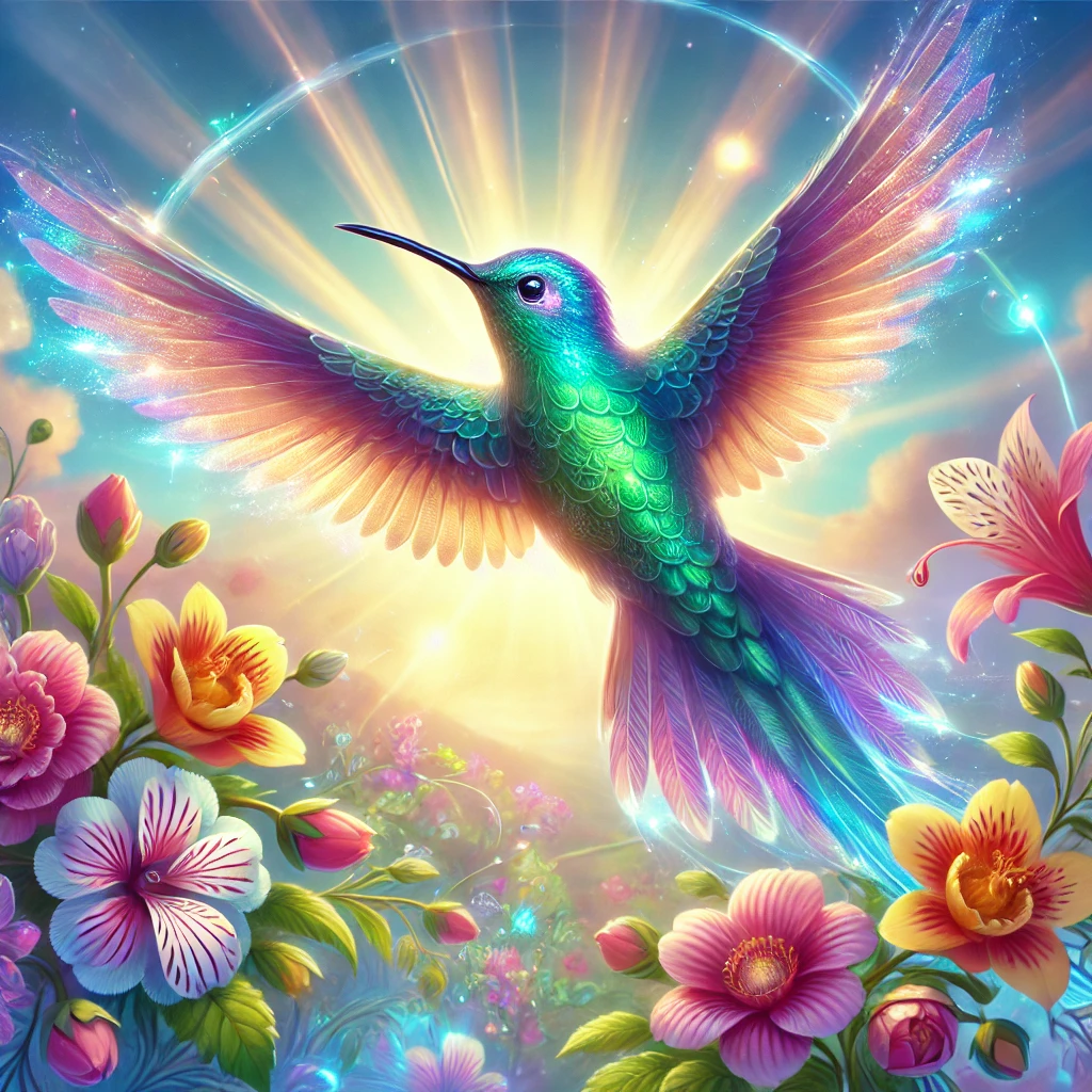 Horóscopos semanales con Animales de Poder – Animal de Poder espiritual y guía energética Ilustración espiritual de un colibrí místico como Animal de Poder. El colibrí revolotea sobre flores coloridas bajo un cielo despejado, con alas brillantes y un aura luminosa a su alrededor. Sus colores vibrantes y su energía transmiten ligereza, alegría y conexión con el momento presente.